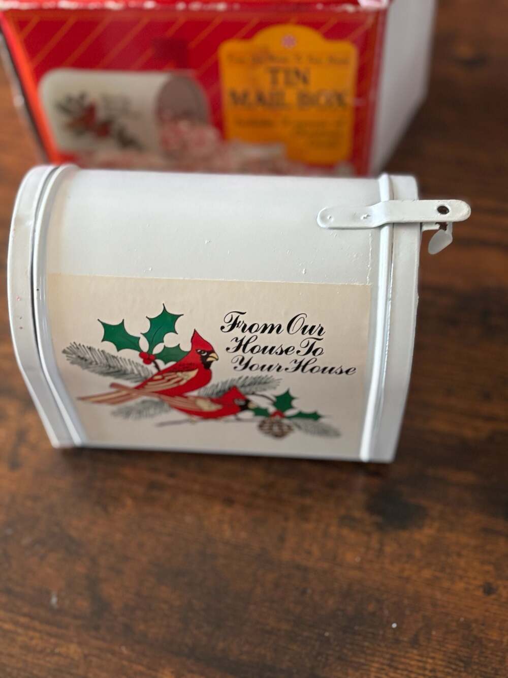Vintage Giftco Inc. Christmas Tin Mailbox with Cardinals